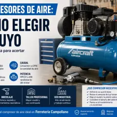 Guía para elegir tu compresor de aire. Descubre para qué sirve un compresor y sus características: presión, caudal, potencia y calderín.