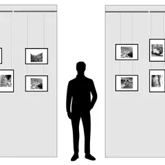 Ilustración muestra cómo colgar un cuadro en una galería, con varias opciones de disposición y un hombre silueta para escala.