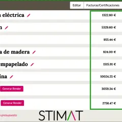 Detalle de un presupuesto de obra con partidas como instalación eléctrica, calefacción, suelos, carpintería, pintura, cocina y baños.