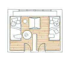 Plano de medidas dormitorio juvenil con dos camas, mesa redonda y ventana.