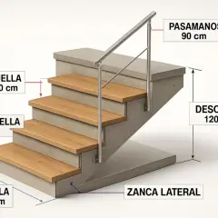 Detalle de una escalera moderna con peldaños de madera y estructura de hormigón. Se ilustra la huella (30 cm) y la contrahuella (17 cm) de cada escalón.