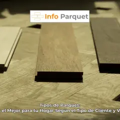 Tres tablones de diferentes tipos de parquet, uno claro, uno medio y uno oscuro, sobre un suelo de parquet ya instalado.