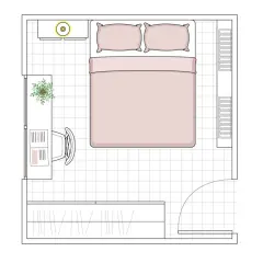 Plano de habitación de 6 metros cuadrados con cama, escritorio, armario y planta.