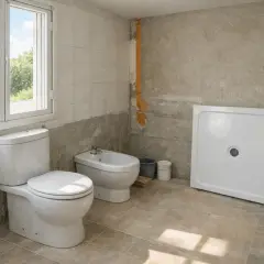 Baño en construcción con inodoro, bidet y plato de ducha. El **bajo rasante significado** se observa en la pared con azulejos hasta cierta altura y luego hormigón.