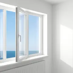 Ventana oscilobatiente de 2 hojas abierta, dejando entrar la brisa marina y la luz del sol.