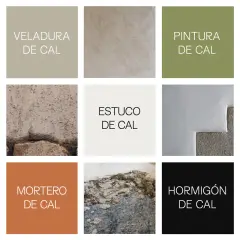 Muestras de acabados: veladura, estuco, pintura, mortero de cal y hormigón. Texturas y colores naturales.