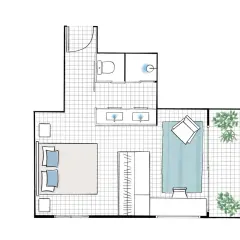Plano de una habitación con cama, baño doble, ducha y balcón. Los metros cuadrados de esta habitación normal son ideales para una vida cómoda.