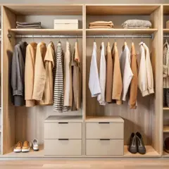 Armarios a medida con ropa y zapatos organizados. Estantes de madera clara, cajones y barras para colgar.