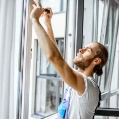 Técnico ajustando un marco de aluminio para cambiar el cristal de una ventana.
