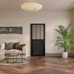 Un salón moderno con sofá beige, mesa de centro y una puerta negra de cristal, mostrando diferentes tipos de puertas.