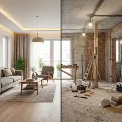 Un lado muestra un salón moderno y acogedor, el otro, el interior de una casa en construcción, con ladrillos expuestos y herramientas. El tabique casa se transforma.