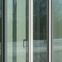 Ventana con cristal planitherm, reflejando árboles y nieve. Un tirador plateado se ve en el panel central.