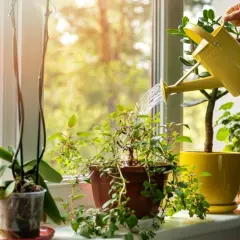 Persona riega plantas en la ventana, creando un rincón verde. El sol ilumina el acto de decorar ventanas con plantas.