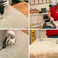 Demostración de como taladrar hormigón con taladro y broca especial. Se muestra el proceso de perforación y la inserción de un anclaje.