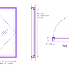 Diagrama de medidas estandar ventanas PVC. Muestra dimensiones de ancho (45.7-91.4 cm) y alto (53.3-198.1 cm), además de un corte transversal y vista en planta.
