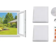 Kit para instalación de mosquiteras: mallas blancas, velcro, cortador y manual de instrucciones para proteger tu hogar de insectos.