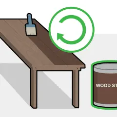 Paso a paso para como hacer una mesa de madera: pincel sobre mesa, lata de tinte y símbolo de reciclaje.