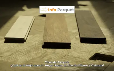 Tres tablones de diferentes tipos de parquet, uno claro, uno medio y uno oscuro, sobre un suelo de parquet ya instalado.