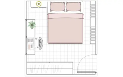 Plano de habitación de 6 metros cuadrados con cama, escritorio, armario y planta.