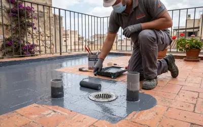 Obrero aplica pintura gris para impermeabilizar terraza. Rodillo y cubeta de producto a su lado.