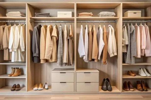 Armarios a medida con ropa y zapatos organizados. Estantes de madera clara, cajones y barras para colgar.