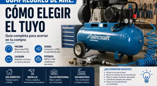 Guía para elegir tu compresor de aire. Descubre para qué sirve un compresor y sus características: presión, caudal, potencia y calderín.