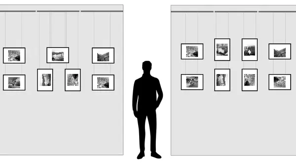 Ilustración muestra cómo colgar un cuadro en una galería, con varias opciones de disposición y un hombre silueta para escala.