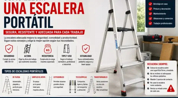 Guía para elegir una escalera portátil, considerando la altura de trabajo, resistencia y tipo de uso.