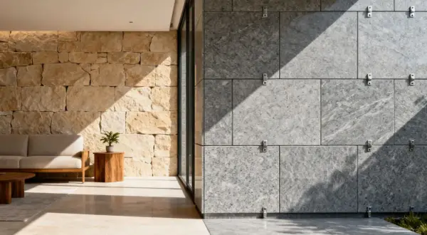 Un sofá beige junto a una pared de piedra dorada y una pared moderna de **mármol material** gris con sombras marcadas.