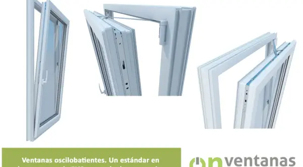 Detalle de una ventana oscilobatiente de PVC, mostrando su mecanismo de apertura inclinada y abatible.