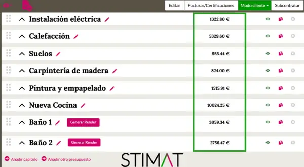 Detalle de un presupuesto de obra con partidas como instalación eléctrica, calefacción, suelos, carpintería, pintura, cocina y baños.