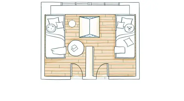 Plano de medidas dormitorio juvenil con dos camas, mesa redonda y ventana.