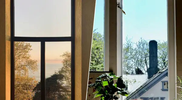 Ventajas del vidrio: vistas al mar y al jardín desde dos ventanas.