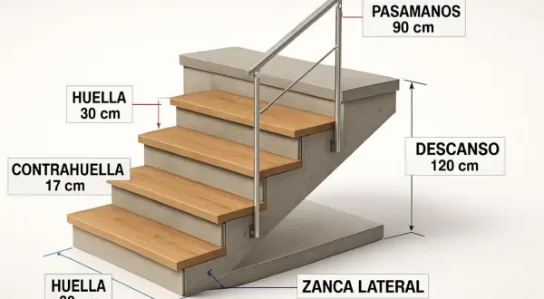 Detalle de una escalera moderna con peldaños de madera y estructura de hormigón. Se ilustra la huella (30 cm) y la contrahuella (17 cm) de cada escalón.