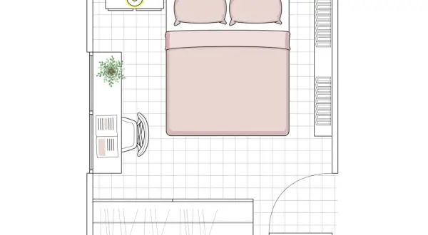 Plano de habitación de 6 metros cuadrados con cama, escritorio, armario y planta.