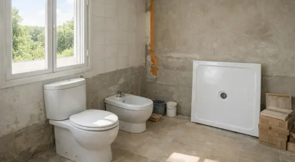 Baño en construcción con inodoro, bidet y plato de ducha. El **bajo rasante significado** se observa en la pared con azulejos hasta cierta altura y luego hormigón.