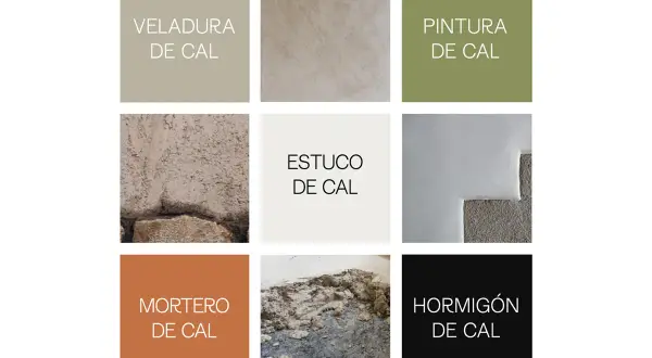 Muestras de acabados: veladura, estuco, pintura, mortero de cal y hormigón. Texturas y colores naturales.
