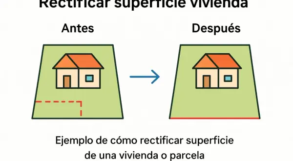 Ilustración muestra cómo corregir los metros cuadrados de una parcela en el catastro, pasando de una forma irregular a una más definida.