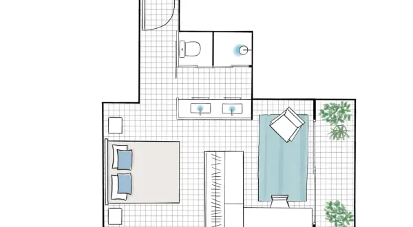 Plano de una habitación con cama, baño doble, ducha y balcón. Los metros cuadrados de esta habitación normal son ideales para una vida cómoda.
