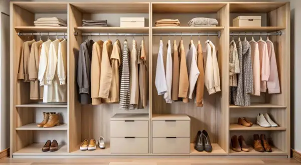 Armarios a medida con ropa y zapatos organizados. Estantes de madera clara, cajones y barras para colgar.
