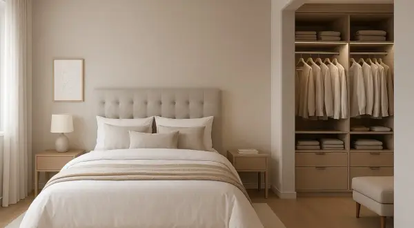 Habitación serena con cama confortable y armario organizado, ideal para decorar tu espacio.