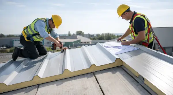 Dos obreros instalan un techo corredizo panel sandwich. Uno atornilla, el otro revisa planos.