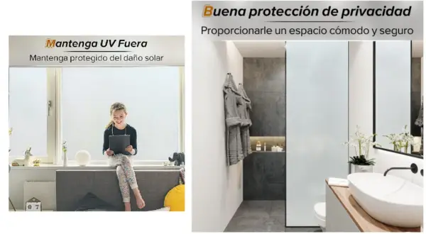 Película de vidrio mate para ventanas, protege del sol y da privacidad. Ideal para baños y habitaciones.