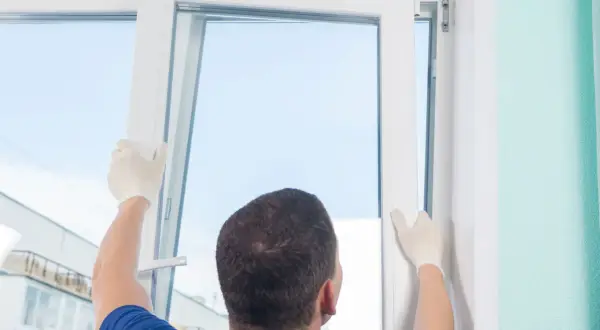 Un técnico con guantes blancos ajusta un marco para cambiar ventanas.