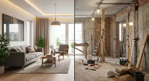 Un lado muestra un salón moderno y acogedor, el otro, el interior de una casa en construcción, con ladrillos expuestos y herramientas. El tabique casa se transforma.