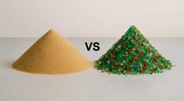 Arena vs. vidrio triturado de colores. ¿Cuál es el mejor vidrio filtrante para piscinas? La imagen compara dos montones de material filtrante.