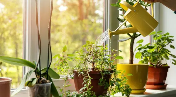 Persona riega plantas en la ventana, creando un rincón verde. El sol ilumina el acto de decorar ventanas con plantas.