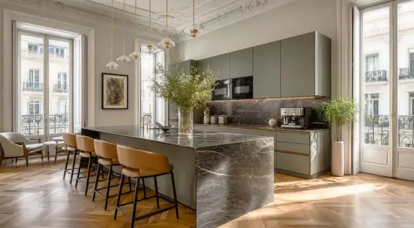 Cocina moderna con isla de mármol y taburetes. Un ejemplo perfecto de cuanto se revaloriza un piso reformado con estilo y acabados de lujo.