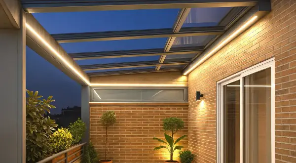 Moderna terraza ático con iluminación LED integrada, plantas en macetas y vistas al anochecer.