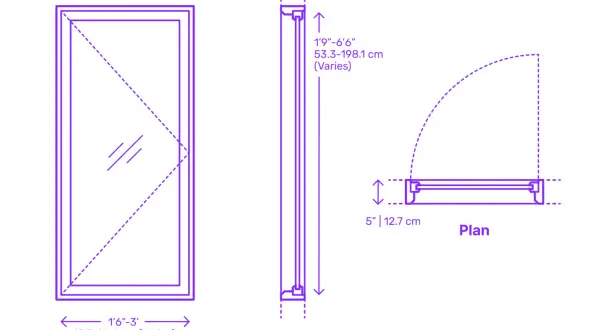 Diagrama de medidas estandar ventanas PVC. Muestra dimensiones de ancho (45.7-91.4 cm) y alto (53.3-198.1 cm), además de un corte transversal y vista en planta.